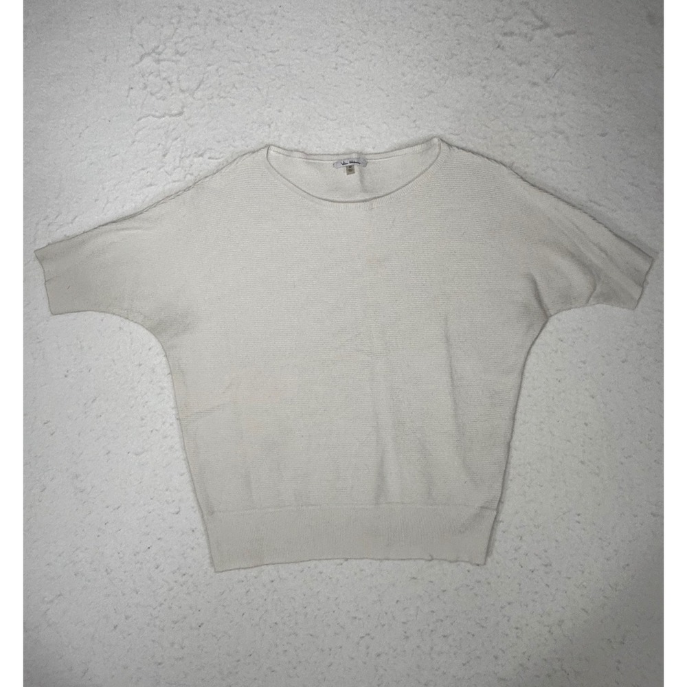 Vila Milano Womens Cream Ribbed Knit Short Sleeve Sweater Scoop Neck Top Size M